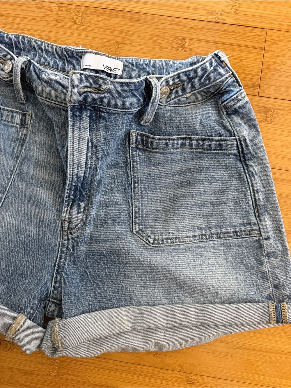 Light Blue Denim Roll-Cuff Jean Shorts with Front Patch Pockets